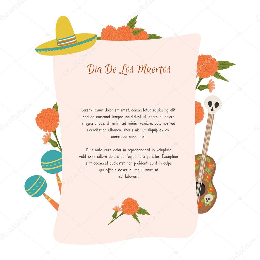 Day of the Dead, Dia de los Muertos check list template with marigold flower, mexico maracas, sombrero and guitar.