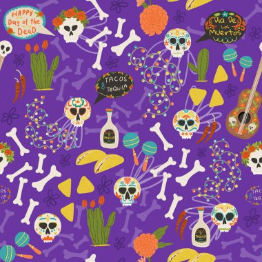 Dia de los Muretos, Ölüler Günü el çizimi, tekstil için karikatür tarzı arka plan. Duvar kağıdı, ambalaj kağıdı, kumaş.