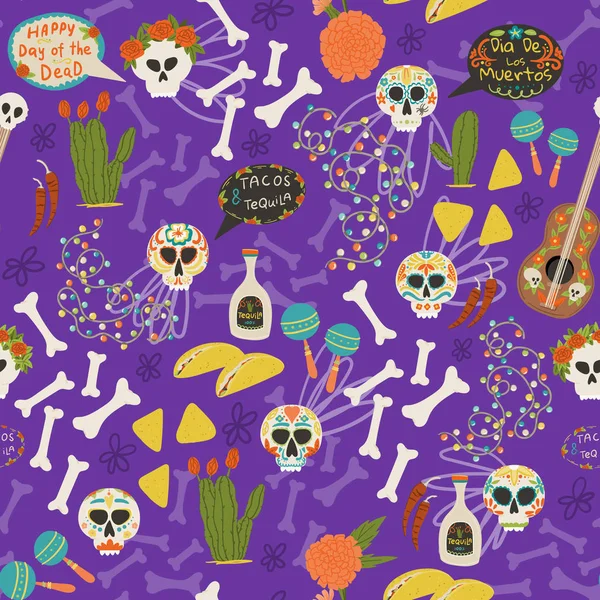 Dia de los Muretos, Ölüler Günü el çizimi, tekstil için karikatür tarzı arka plan. Duvar kağıdı, ambalaj kağıdı, kumaş.