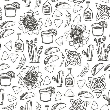 Meksika desensiz el çizimi. Taco, nachos, tekila, margarita, kırmızı biber, tekstil için kaktüs, duvar kağıdı, ambalaj kağıdı vs..