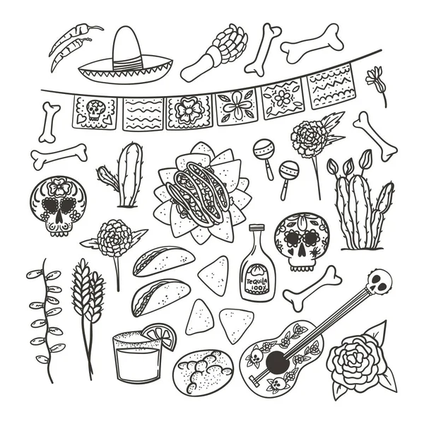 Set di simboli messicani disegnati a mano in stile doodle. Taco, nachos, tequila, margarita, cranio, cactus, chitarra ecc . — Vettoriale Stock