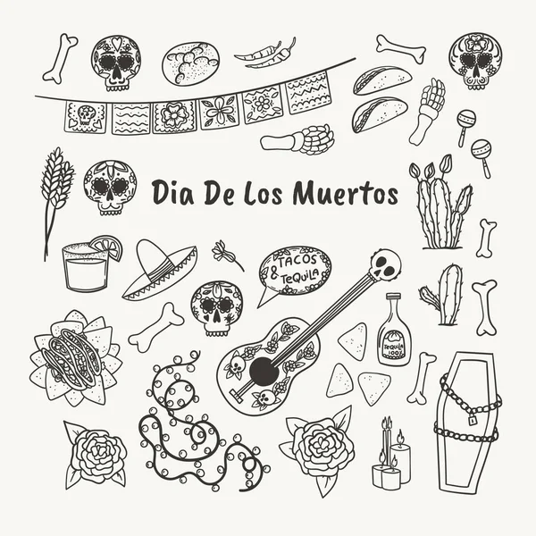 Símbolos mexicanos mão desenhada doodle estilo definido. Taco, nachos, tequila, margarita, crânio, cacto, guitarra etc. . — Vetor de Stock