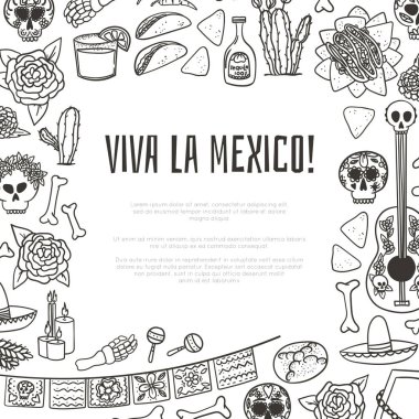 Viva la Mexico Hand kitap kapağı veya dergi sayfası için tako, nachos, tekila, margarita, gitar ve marakas içeren karalama tarzı Meksika sembolleri çizdi..