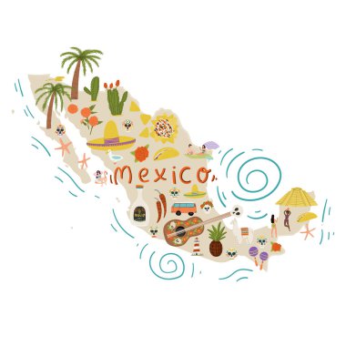 Meksika haritası düz elle çizilmiş karalama tarzı çizim gitar, lama, tekila, korsan ve ither Meksika sembolleri.