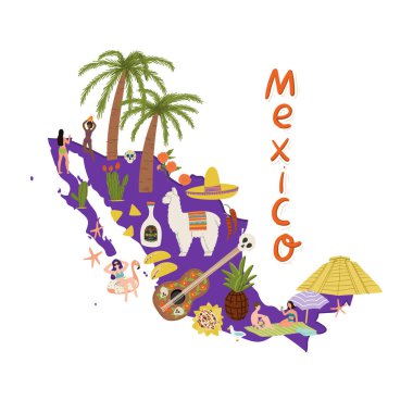 Meksika 'nın sembollü el çizimi düz bir haritası. Tekila, kaktüs, taco, nachos, piramit, sombrero, lama vs..