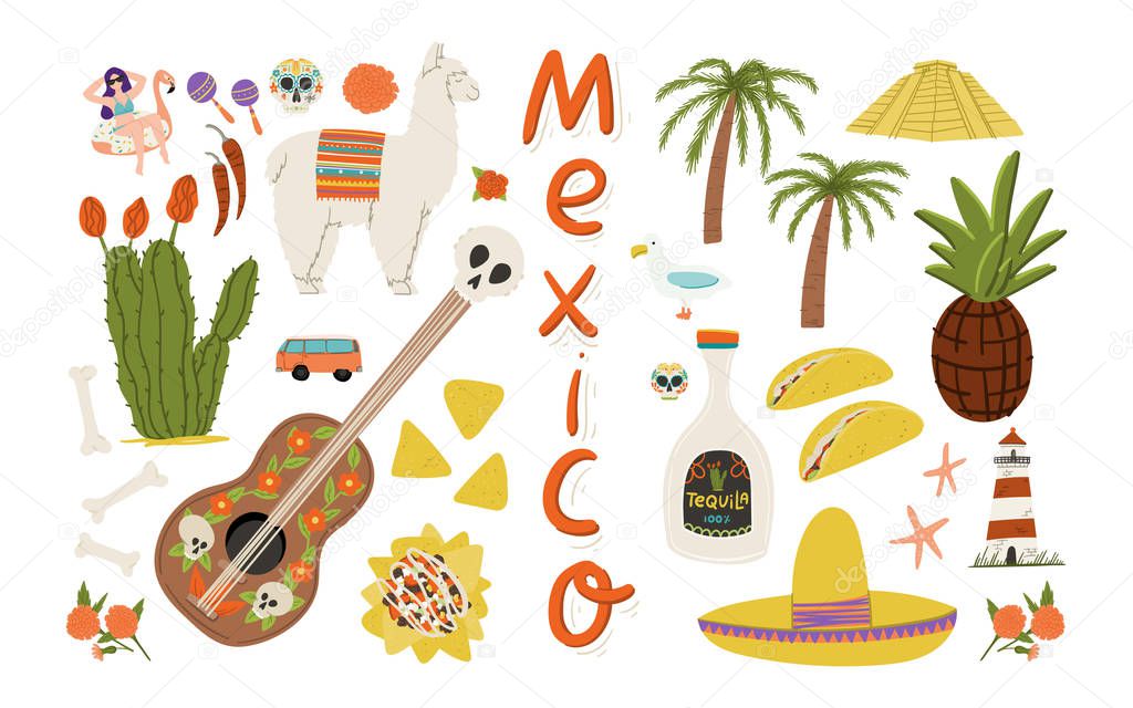 Cartoon flat style hand drawn postcard, poster, flyer or banner about Mexico with sombrero, nachos, taco, tequila, cactus, lama, mexican pyramid etc.