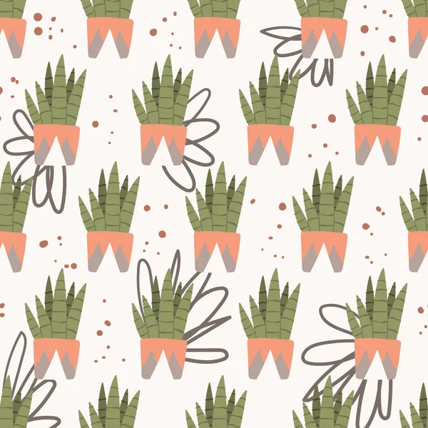 Sansevieria plante maison modèle sans couture dessiné à la main fond de style dessin animé pour textile . — Image vectorielle