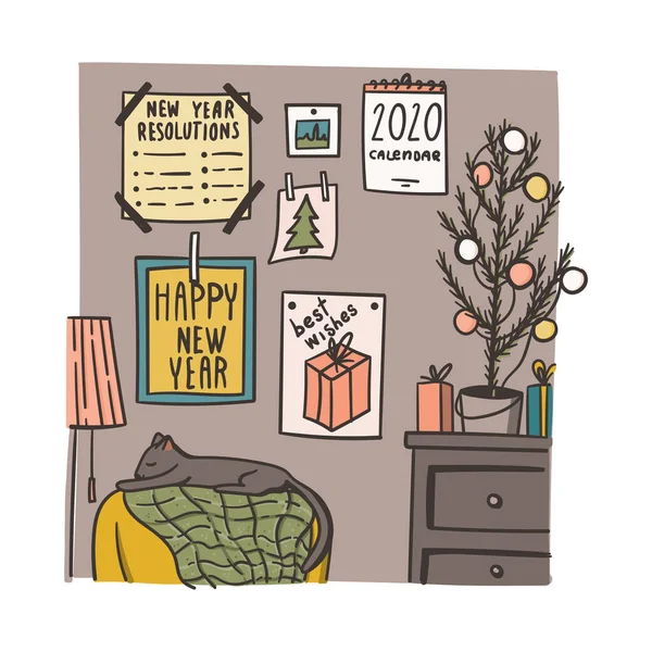 Decoração de quarto de Natal e Ano Novo com abeto, cartões de saudação, resoluções de Ano Novo e calendário. Conceito de estilo doodle caseiro acolhedor desenhado à mão para cartão ou cartaz de saudação, banner . — Vetor de Stock