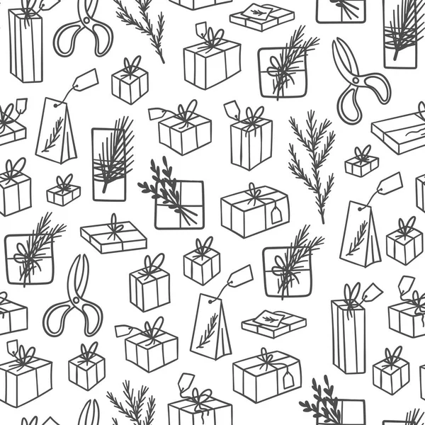 Doodle handgezeichnete Geschenkboxen und Vintage-Scheren nahtloses Muster. — Stockvektor