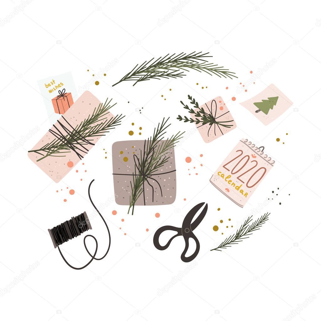 Wrapping present boxes with fir tree branches, craft paper in rustic trendy style. Vintage retro scissors, spool of thread, calendar 2020, greeting cards hand drawn cartoon flat concept.