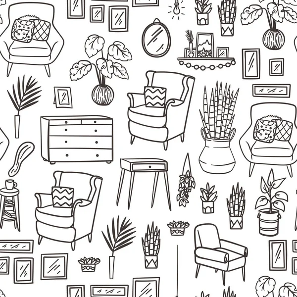 Ev mobilyaları ve dekoratif elementler pürüzsüz desen. El çizimi karalama tarzı koltuklar ve ev bitkileri arka planı. — Stok Vektör