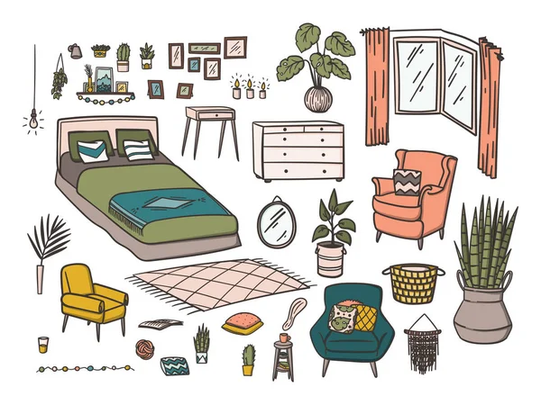 卧室家具涂鸦式手绘套装，配有床、扶手椅、家用植物、枕头、镜子、画框等. — 图库矢量图片