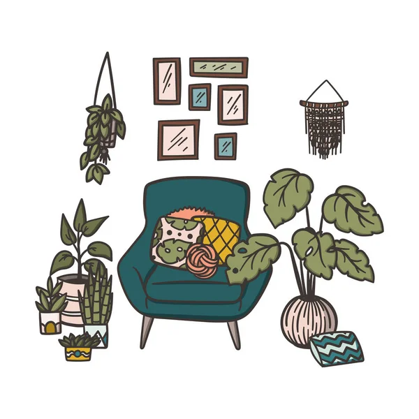 靠窗的舒适扶手椅,靠窗有枕头和室内盆栽. 手绘涂鸦概念图解. — 图库矢量图片