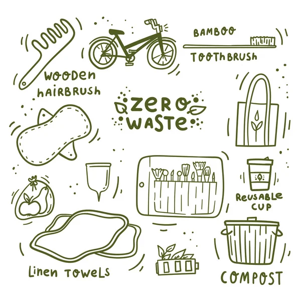 Donna zero rifiuti minimalista vivere doodles elementi disegnati a mano con pad periodo, tazza mestruale, asciugamani di lino, scatola di compost, spazzola per capelli in legno ecc . — Vettoriale Stock