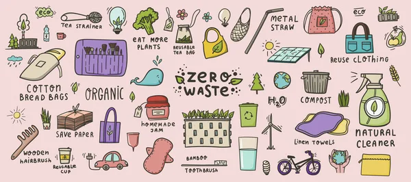 Zero waste hand drawn colored doodles. Green city, eco living, reuse and reduce. — Stock Vector