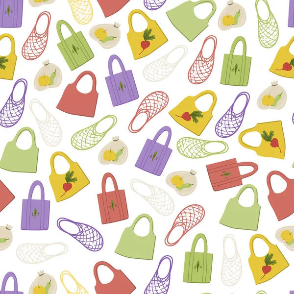Διαφορετικοί τύποι eco βαμβάκι tote τσάντες χέρι που doodles αδιάλειπτη μοτίβο. — Διανυσματικό Αρχείο