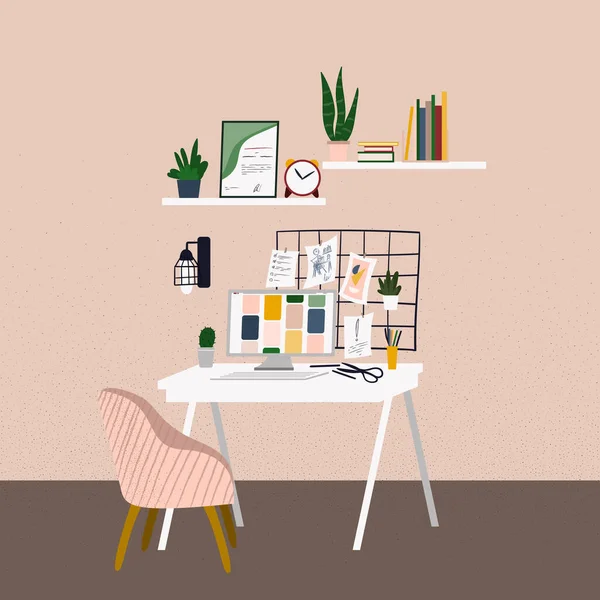 Desenhos animados planos no escritório em casa. Espaço de trabalho com elementos de decoração minimalistas. Estilo escandinavo moderno interior elegante . —  Vetores de Stock