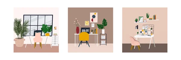 Serie di illustrazioni di concetto di posto di lavoro su freelance o lavoro remoto da ufficio familiare. Stile fumetto piatto. Interni minimalisti moderni scandinavi. Appartamento contemporaneo . — Vettoriale Stock
