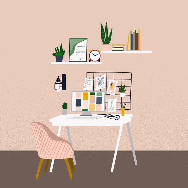 Płaska kreskówka w biurze. Workspace z minimalistycznymi elementami dekoracyjnymi. Skandynawski styl nowoczesne stylowe wnętrze. Wektor Stockowy