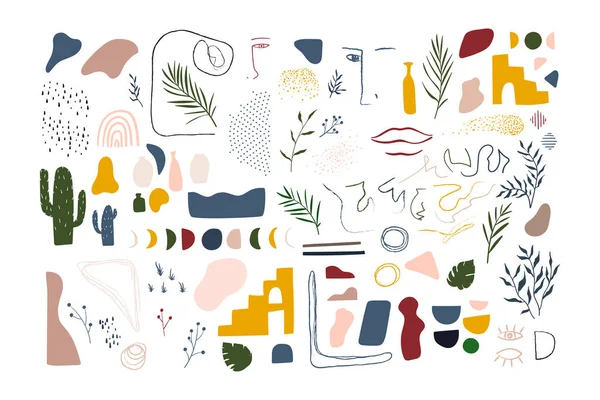 Zestaw elementów dla abstrakcyjnej sztuki graficznej. Linie, kształty, liście palmy, kaktusy, kropki, księżyc, słońce. — Wektor stockowy