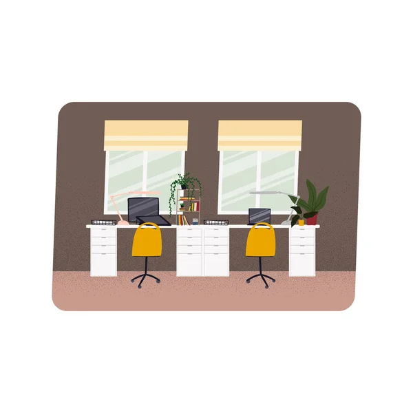 Home office disegnato a mano stile piatto vettoriale illustrazione. Scrivania per due spazi di lavoro. Posto di lavoro freelance . — Vettoriale Stock