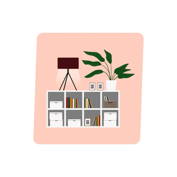 Interno Moderno Metà Secolo Con Libreria Cubo Pianta Appartamento Ficus — Vettoriale Stock