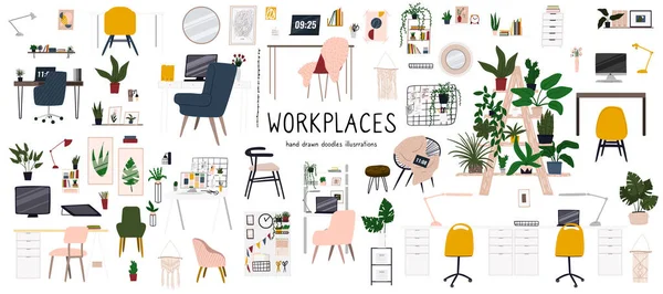 Workplace Hand Drawn Doodle Flat Style Illustrations Home Office Work Stock Vector