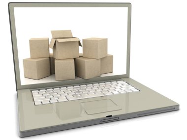 Dizüstü bilgisayardaki karton kutular. e-ticaret kavramı.3-d İllüstrasyon.