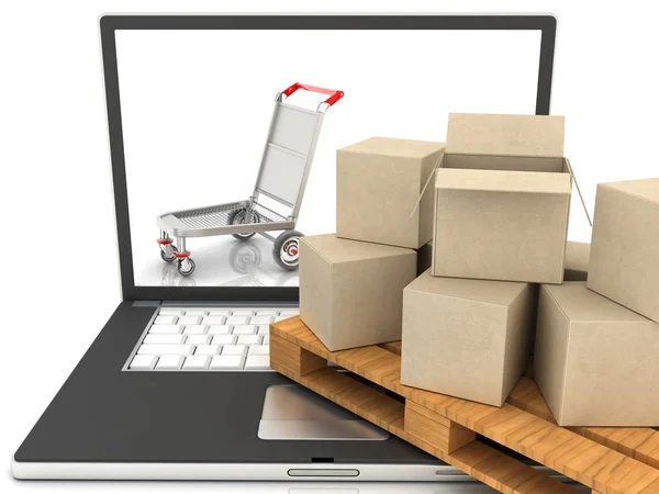 Cardboard Boxes Laptop Concept Commerce Render Illustration — Stock Photo, Image