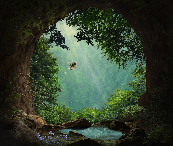 Fantasy cave in the mountains. 3D rendering. Photo manipulation.