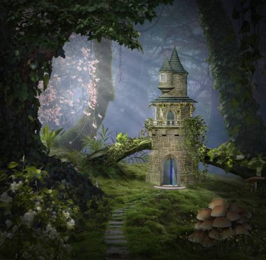 Fantasy castle in the forest. Photomanipulation. 3D rendering clipart