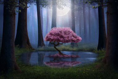 Pembe ağaç ve orman gece havuzda. Photomanipulation.