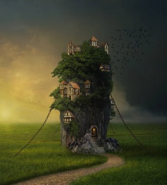 Fantezi rock ile çayırda onlara ev sahipliği yapmaktadır. Photomanipulation. 3D render