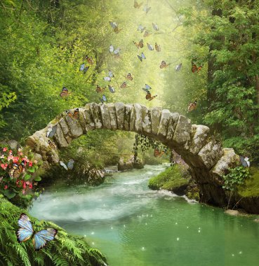 Taş köprü ve kelebekler ile ormandaki nehir. Photomanipulation. 3D render.