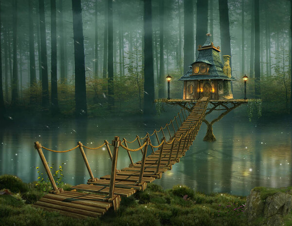 Fairy house on the river and wooden bridge. Photomanipulation. 3D rendering.