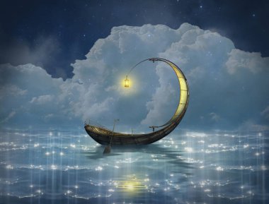 Bir yıldızlı gece fantastik botta. 3D render