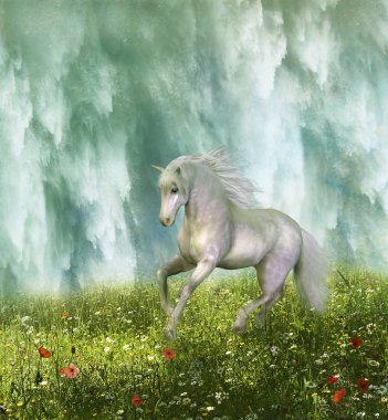 White horse çayır ve şelale arka planda çalışan. 3D render