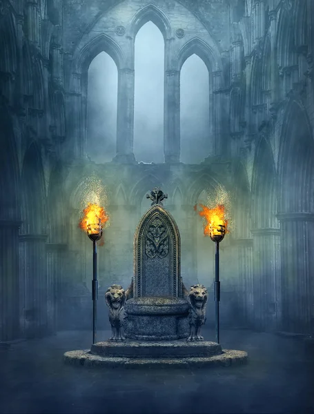 Fantasy medieval scene with a throne and tourches — Stock Photo, Image