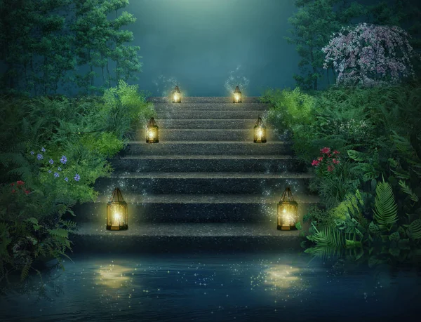 幻想楼梯与灯笼在河在晚上. — 图库照片