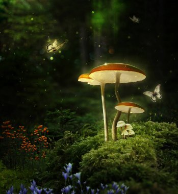 Geceleri ormanda fantezi mantarları. 3d render.