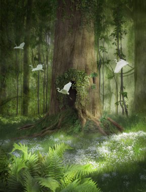 Delik ve egrets uçan büyük ağaç