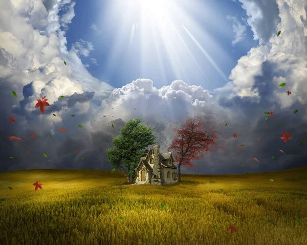 Beautiful field with a small cottage. 3 D rendering. Photo manip — Stock Photo, Image