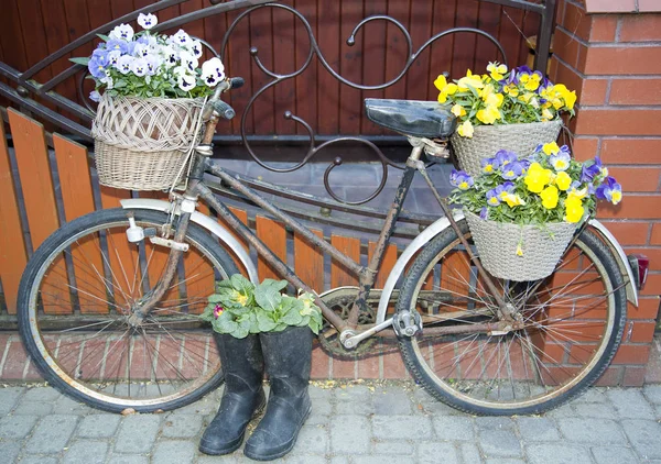 The old bicycle decorated with flowers as the house exterior in Szczebra village (Poland).