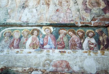 The Last Supper (Polonya sahne gösterilen Malbork kasaba kilise içinde kısmen geri yüklenen Ortaçağ fresco).