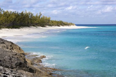 Issız, boş bir plaj doğal görünümünü Half Moon Cay (Bahamalar ada).
