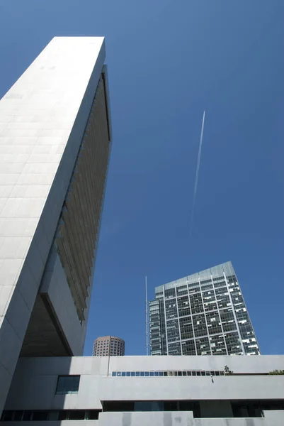 Modern Felhőkarcolók Egy Repülőgép Repül Boston Belvárosában Massachusetts Nézet — Stock Fotó