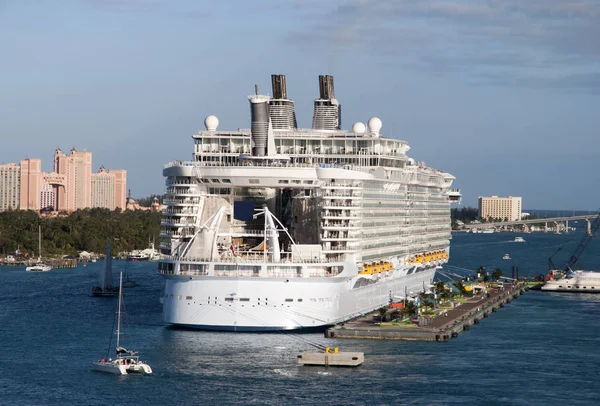 The giant cruise liner moored in Nassau city, next to Paradise Island (Bahamas).