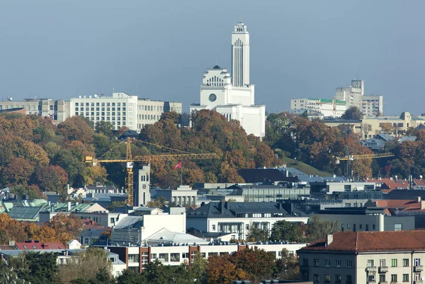 The view of Kaunas downtown with Christ\'s Resurrection modern church on a hill (Lithuania).
