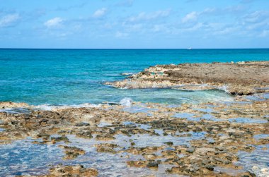 George Town 'daki Seven Mile Sahili' ndeki kayalık sahil şeridi (Grand Cayman, Cayman Adaları).