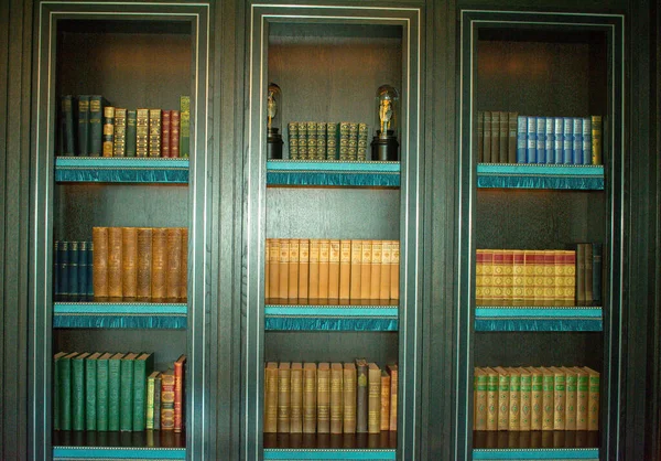 Velho Armário Madeira Biblioteca Livros Enciclopédias Prateleira — Fotografia de Stock